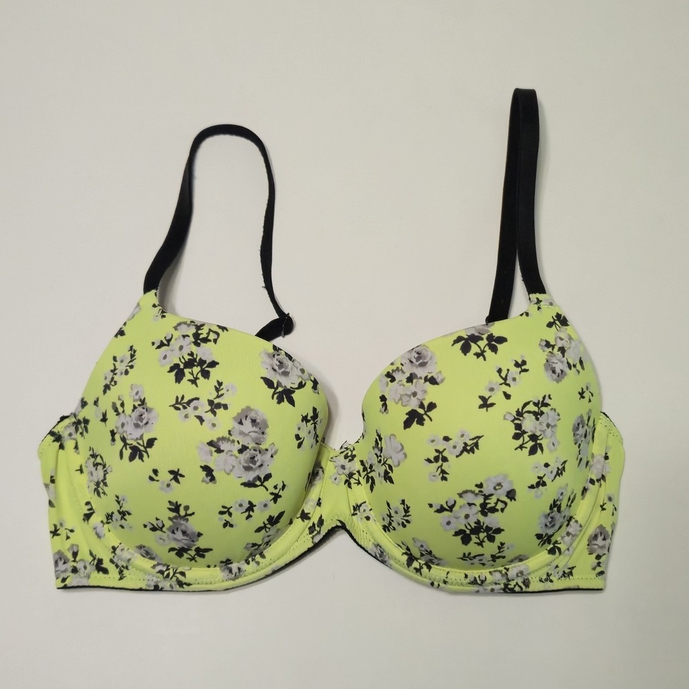 Victorias Secret PINK Bra 32D Wear Everywhere Lightly Lined Neon Yellow Floral